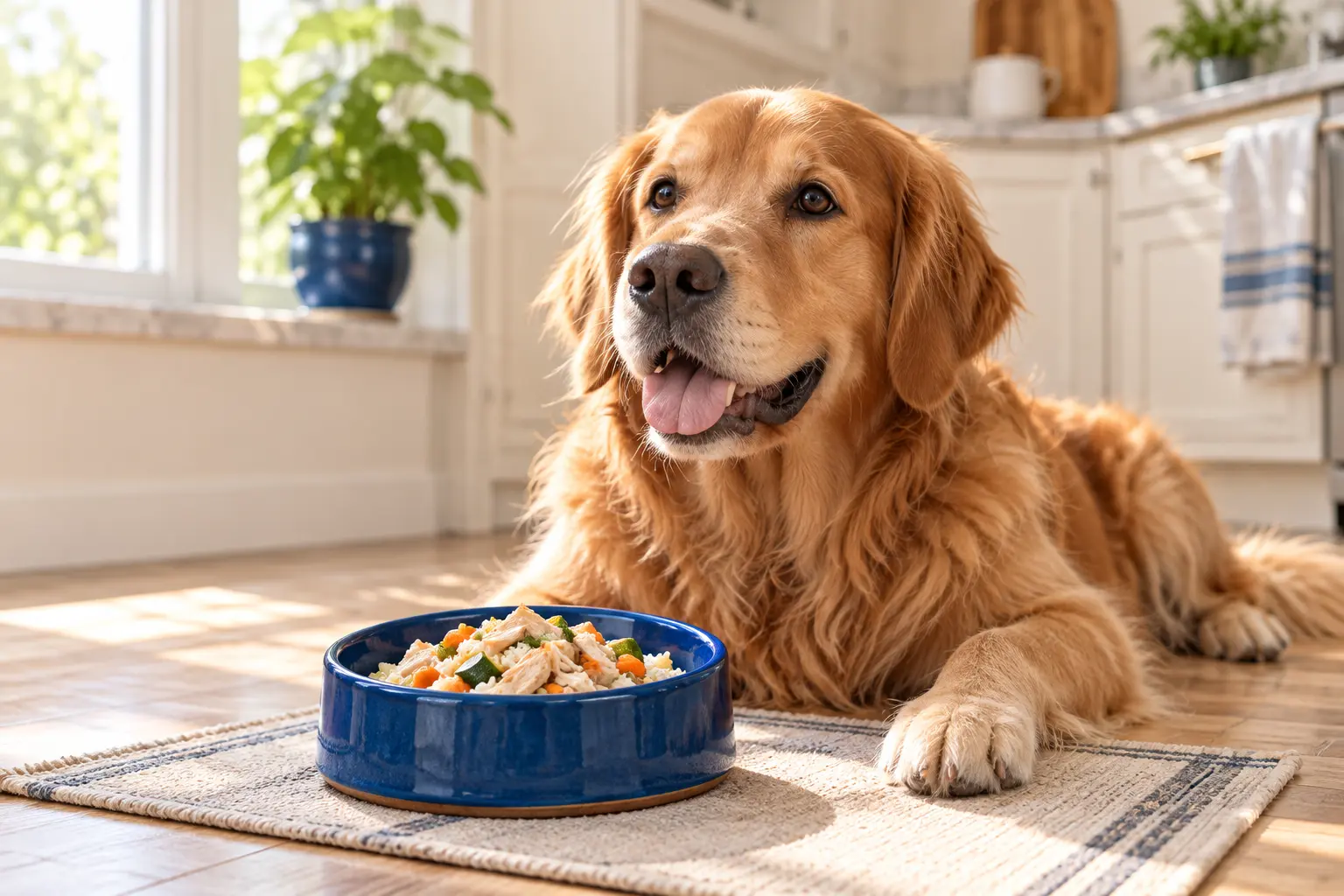 A dog waiting beside a food bowl at home