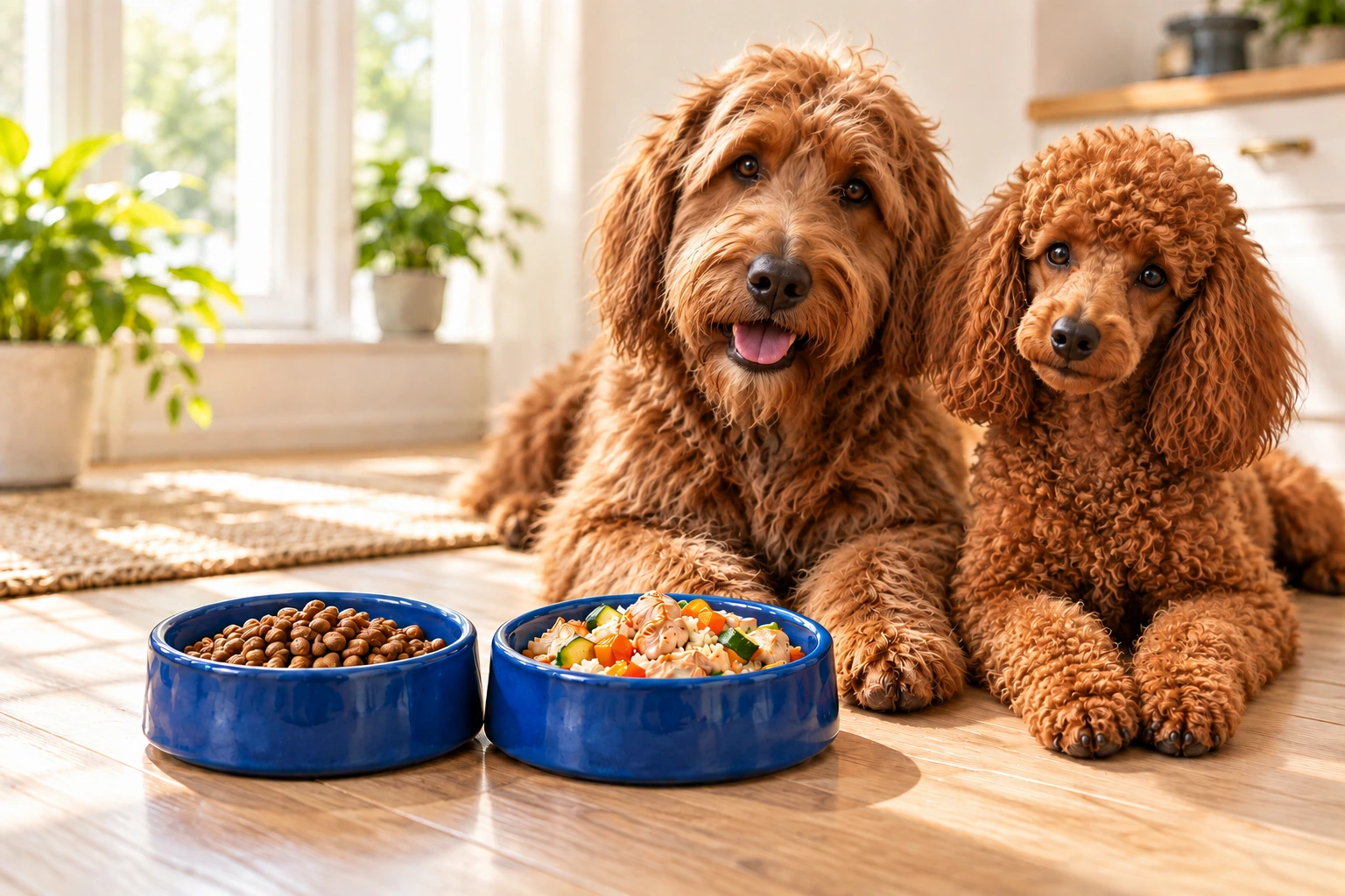 A red Poodle and Doodle beside blue food bowls